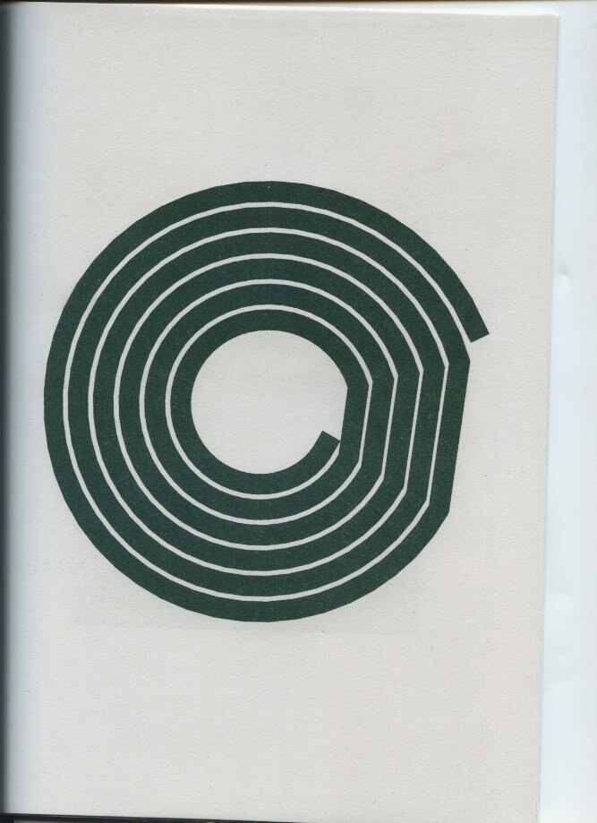 Inside page. A large concentric-circle glyph in dark green, opening at one point like a labyrinth or a coiled spring.