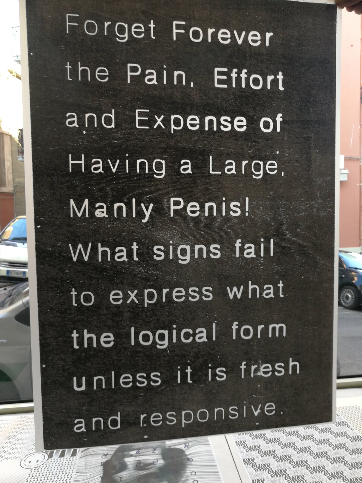 A large hand-printed poster on a Roman street wall: white typewriter-style text on a black background, collaging spam email with a proposition from Wittgenstein's Tractatus. Like a Bees, None collective, 2018.