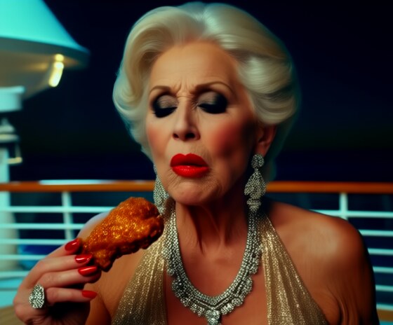 A synthetically generated older woman on a cruise ship at night, heavy makeup and diamond jewellery, eating a fried chicken drumstick. From HATERS (2024–2026).