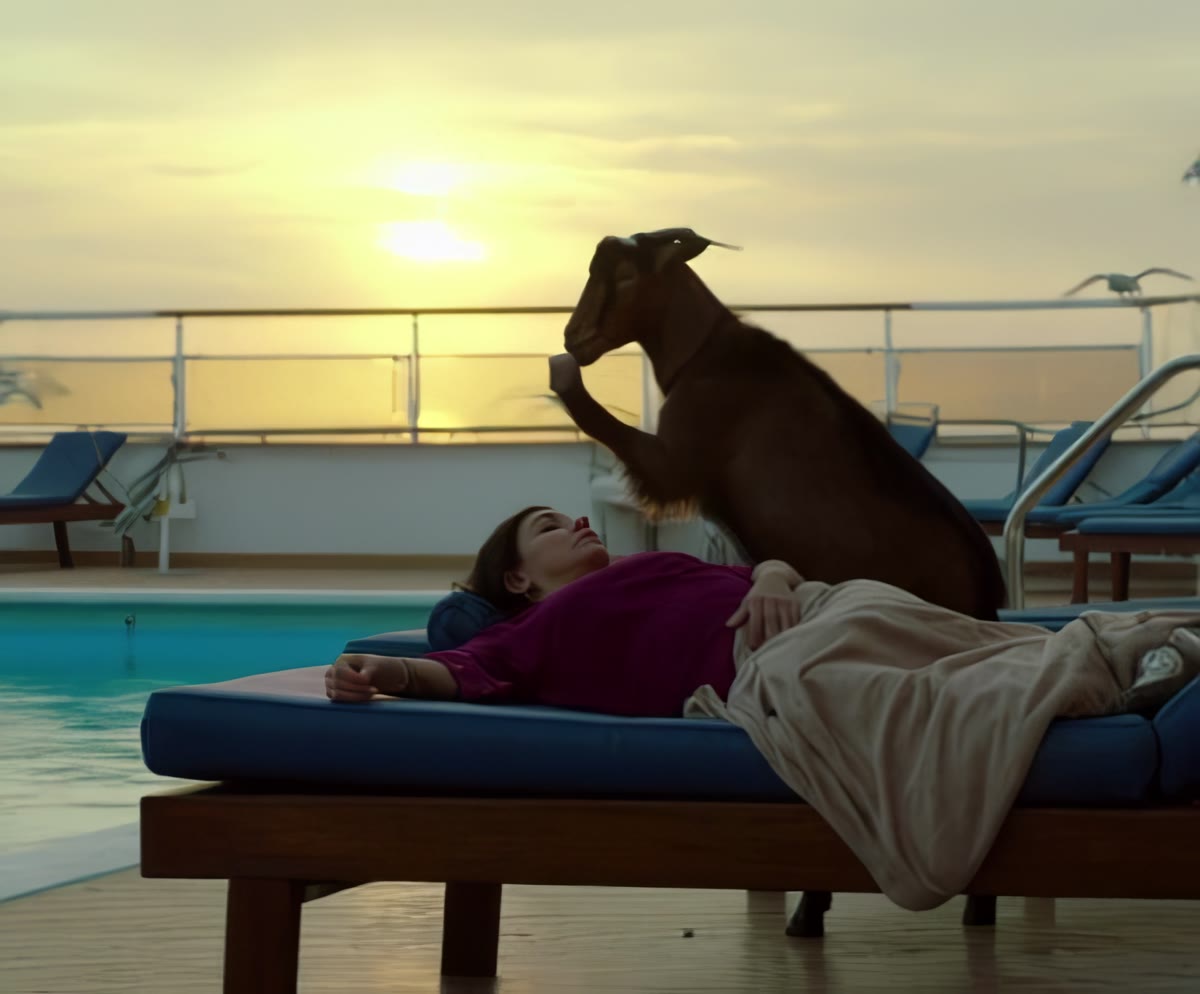 Sunset by a cruise-ship pool. A woman on a sunbed. A goat standing beside her. Still from UNSEASONED (2025).