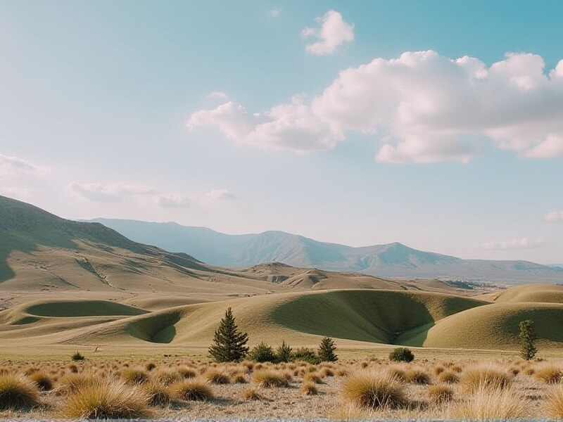The regenerated image: rolling green and ochre hills under a blue sky with cumulus clouds, tussock grass in the foreground, isolated conifers, distant mountain ranges.