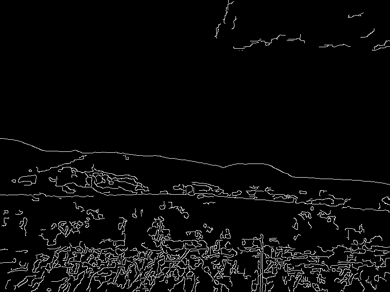 Canny edge map: white outlines on black. A ridge line across the upper third, a long horizon, dense scribbles of low scrub filling the foreground, a thin vertical pole right of centre.