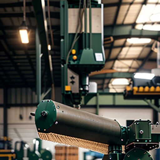 The regenerated image: the interior of an industrial hall, a dark green gantry machine, a pendant lamp, a large cylindrical roller in the foreground, skylights in the roof.